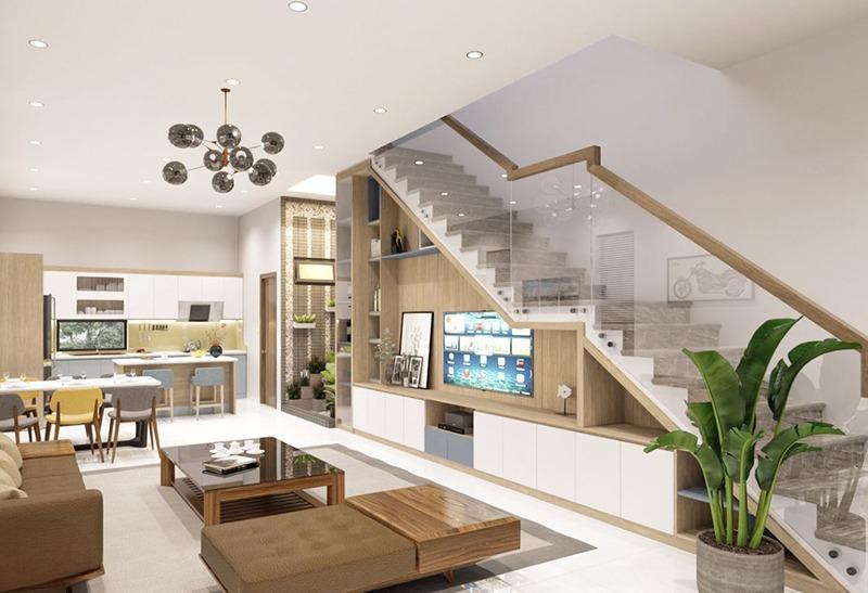 Kệ tivi trang trí góc dưới chân cầu thang