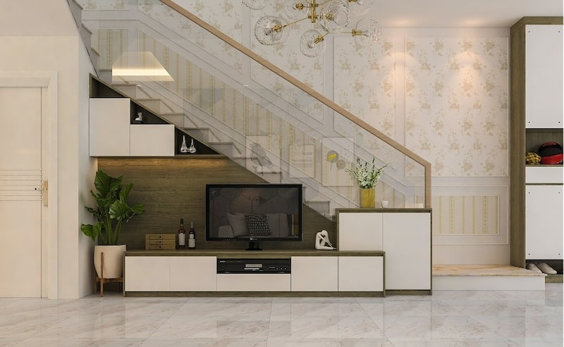 Kệ tivi trang trí góc dưới chân cầu thang
