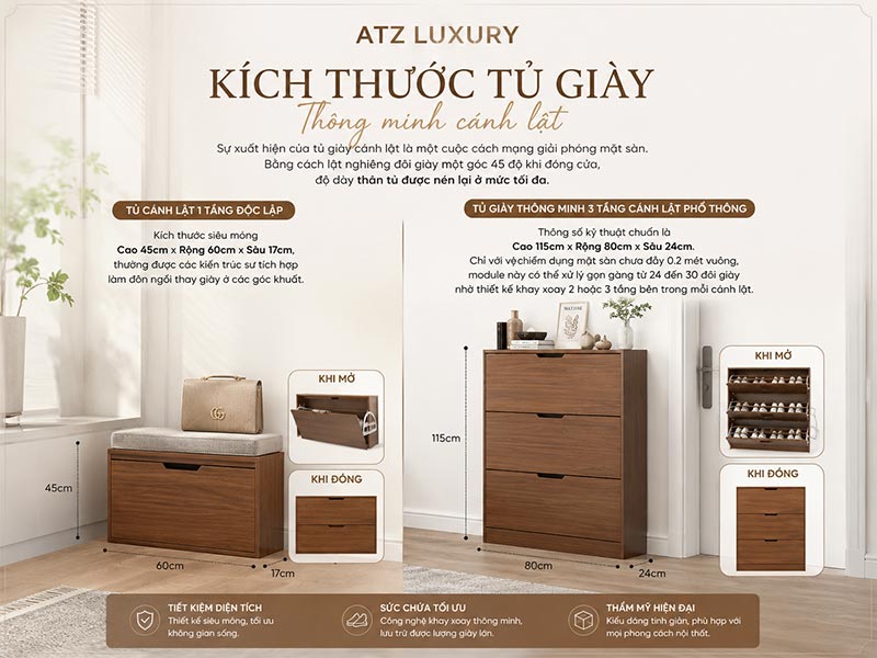 Kích thước tủ giày thông minh cánh lật
