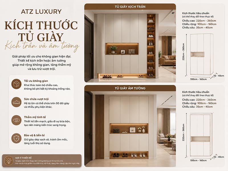 Kích thước tủ giày kịch trần và âm tường