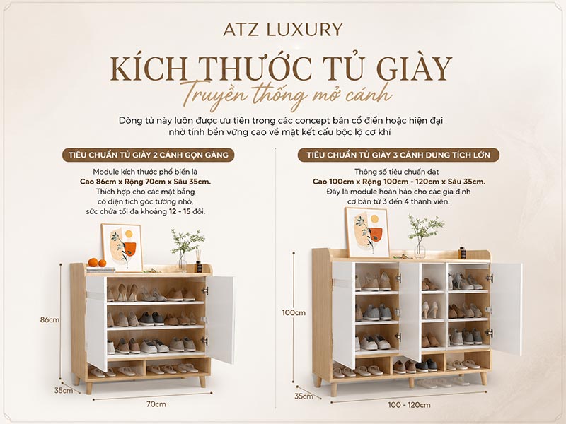 Kích thước tủ giày truyền thống mở cánh
