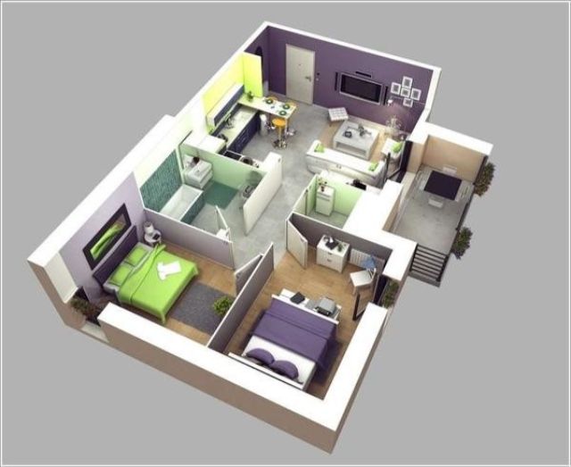thiết kế căn hộ 55m2 2 phòng ngủ