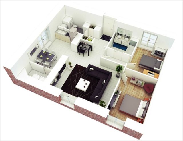 thiết kế căn hộ 55m2 2 phòng ngủ