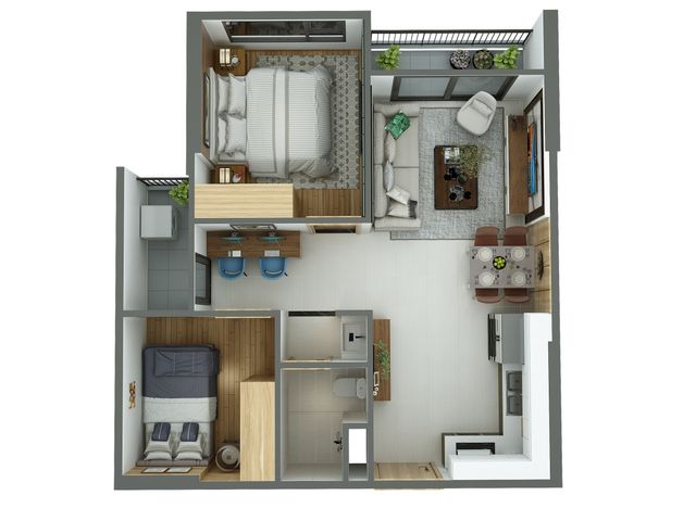 10 mẫu thiết kế căn hộ 55m2 2 phòng ngủ đẹp và tiện nghi cho cặp đôi trẻ