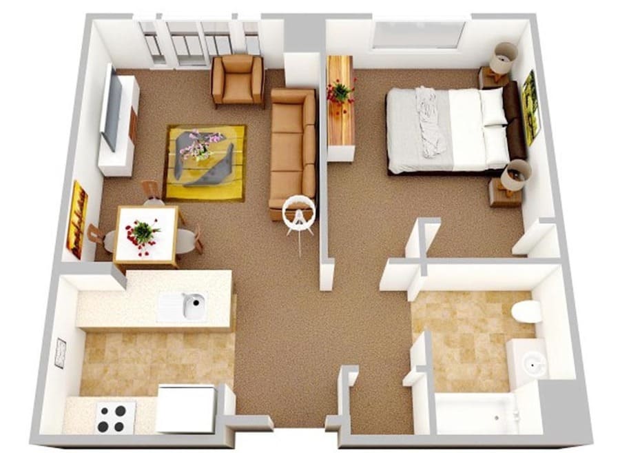 Bản vẽ mặt bằng bố trí nội thất chung cư 1 phòng ngủ