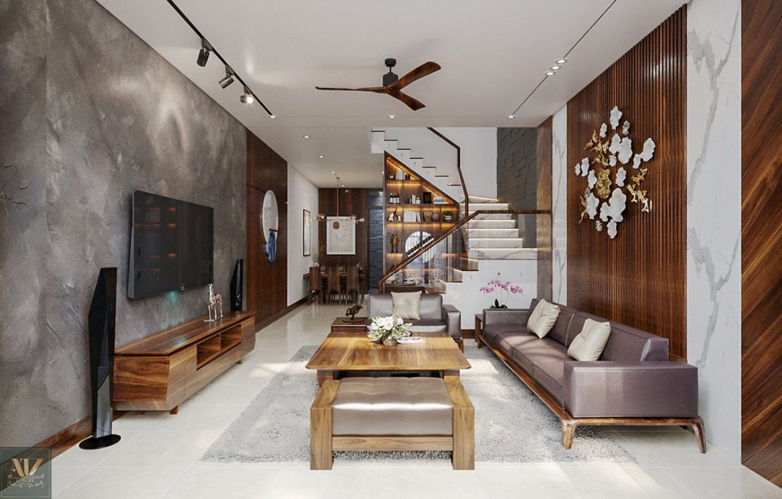 mẫu thiết kế phòng khách nhà ống 4m đẹp hiện đại với gỗ tự nhiên cao cấp