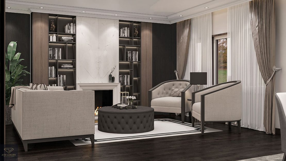Thiết kế phòng khách hai khu vực phong cách tân cổ điển hiện đại