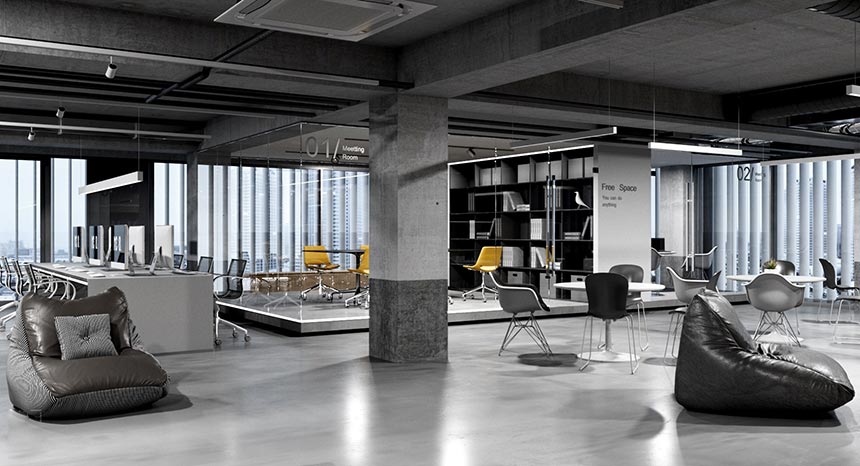 Mẫu thiết kế văn phòng phong cách industrial kết hợp không gian mở