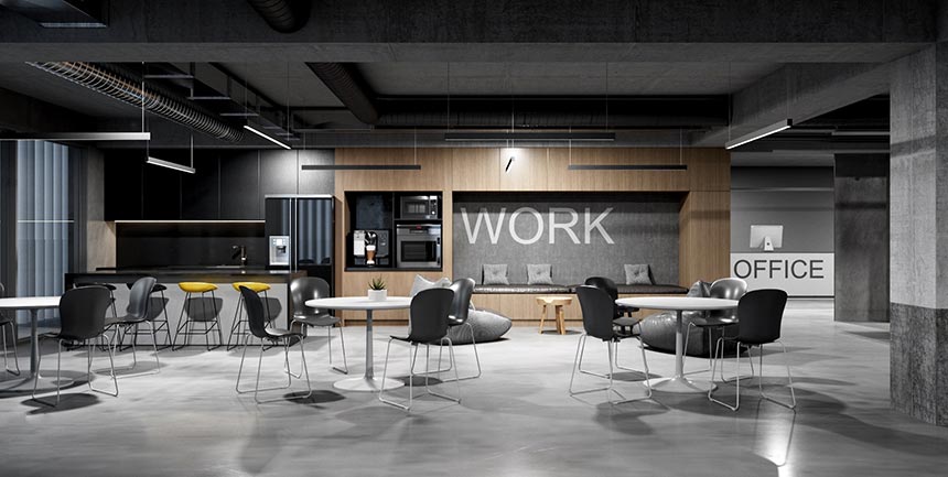 Mẫu thiết kế văn phòng phong cách industrial kết hợp không gian mở