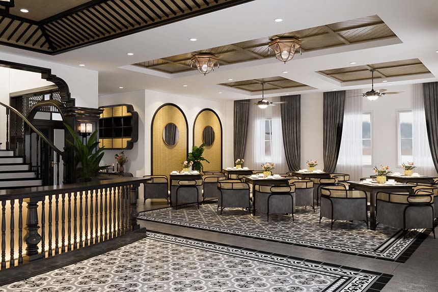 Thiết kế nhà hàng cafe 3 tầng phong cách Indochine