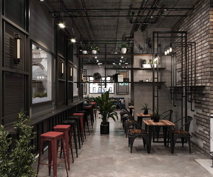 Thiết kế quán cafe phong cách công nghiệp Industrial xu hướng mới nhất