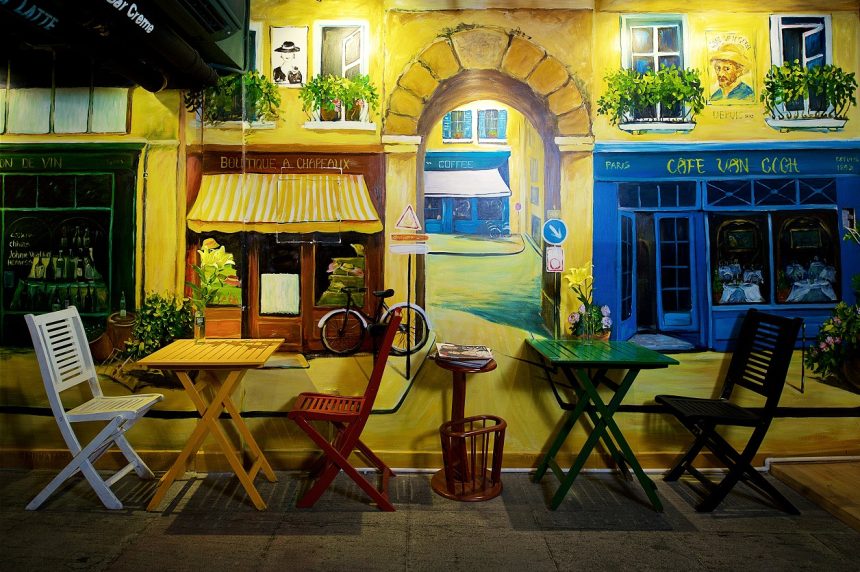 trang trí tranh tường 3D để tạo chiều sâu cho quán cafe nhỏ