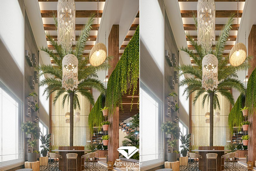 thiết kế quán cafe 2 tầng 500m2 phong cách Tropical