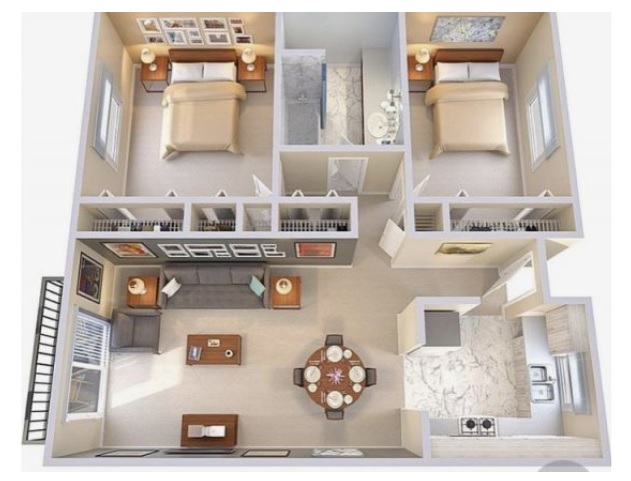 Mẫu thiết kế căn hộ chung cư 70m2 2 phòng ngủ