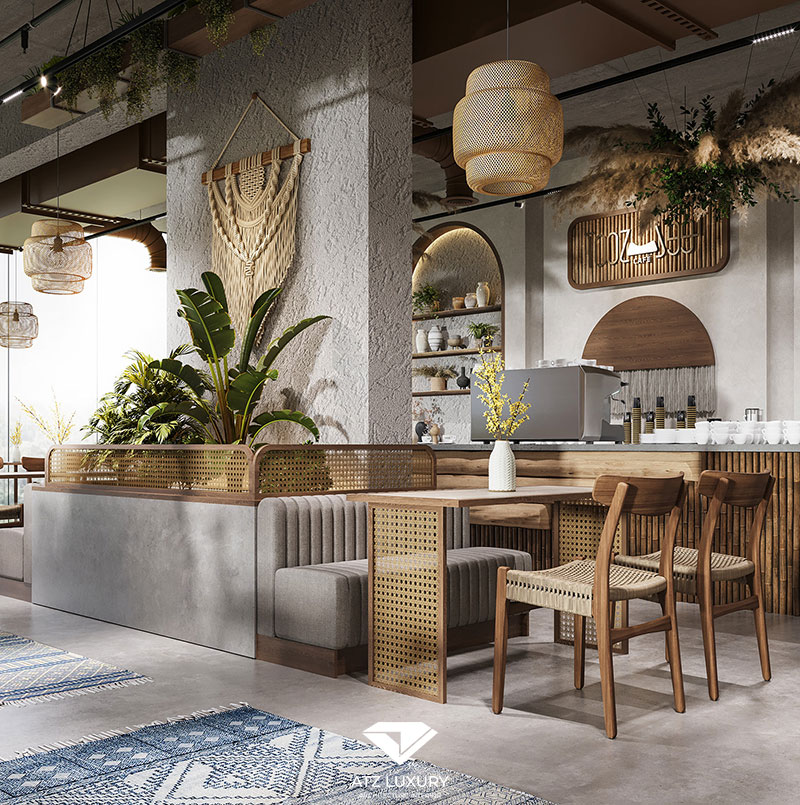 Mẫu quán cafe 1 tầng theo phong cách Boho pha trộn một chút Scandinavian