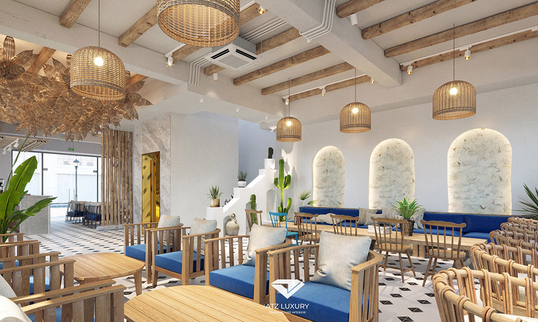 thiết kế quán cafe 120m2 phong cách Địa Trung Hải