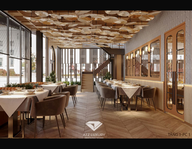 Khu vực bàn ăn dành cho nhóm khách lẻ tại nhà hàng 200m2 2 tầng