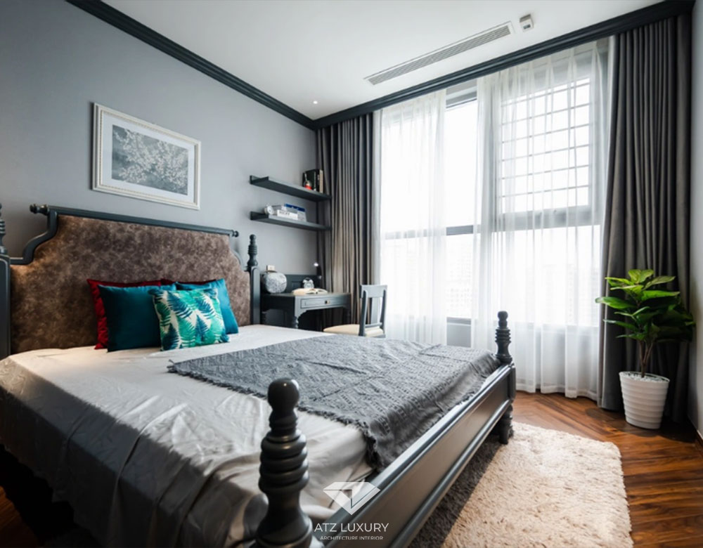 Phòng ngủ thứ 2 trong căn hộ phong cách Indochina thiết kế tinh giản hơn nhưng vẫn đầy “chất” của kiểu cách Đông Dương