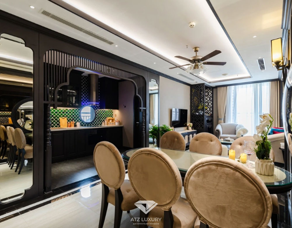 Trong mẫu thiết kế phòng khách liền kề bàn ăn phong cách Đông Dương này sử dụng những món đồ nội thất được làm từ gỗ kết hợp với kim loại và kính giúp không gian trở nên sang trọng, nổi bật hơn