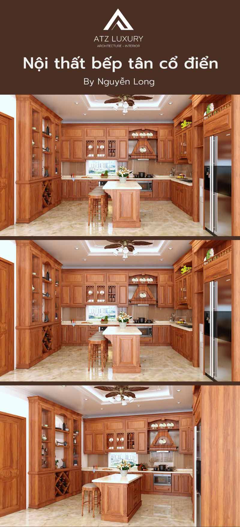 Mẫu nội thất phòng bếp biệt thự bằng gỗ gõ đỏ