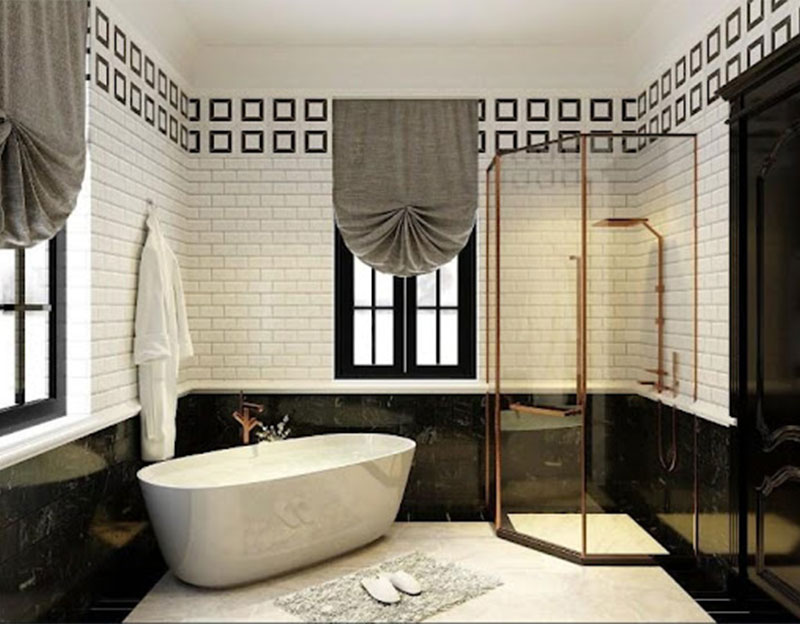 Mẫu 6: Phòng tắm biệt thự phong cách Đông Dương kết hợp với yếu tố hiện đại tạo nên một không gian tiện nghi, thoáng rộng