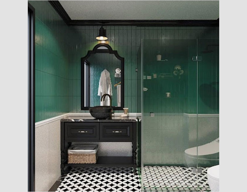 Mẫu 4: Phòng tắm biệt thự phong cách Đông Dương có không gian hài hòa với các chất liệu tự nhiên