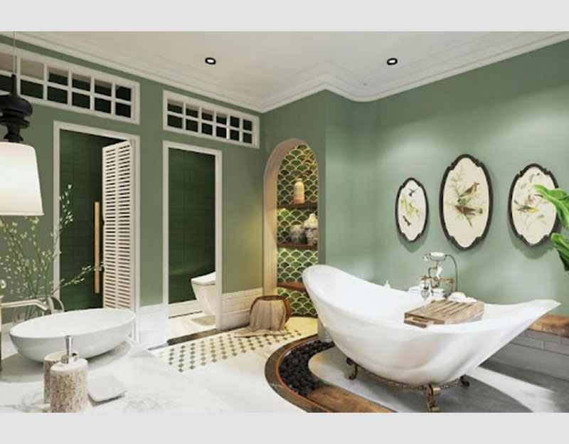 Mẫu 3: Mẫu phòng tắm biệt thự thiết kế xanh mát, dịu mắt với màu xanh ngọc chủ đạo
