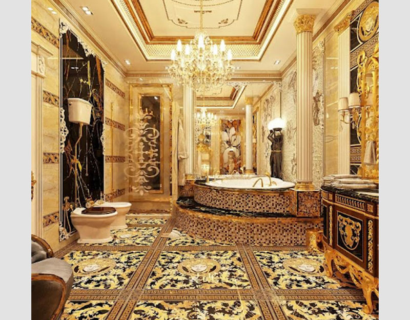 Mẫu 1: Mẫu phòng tắm biệt thự mang đậm phong cách cổ điển, hoàng gia, quý phái với sắc vàng sang trọng