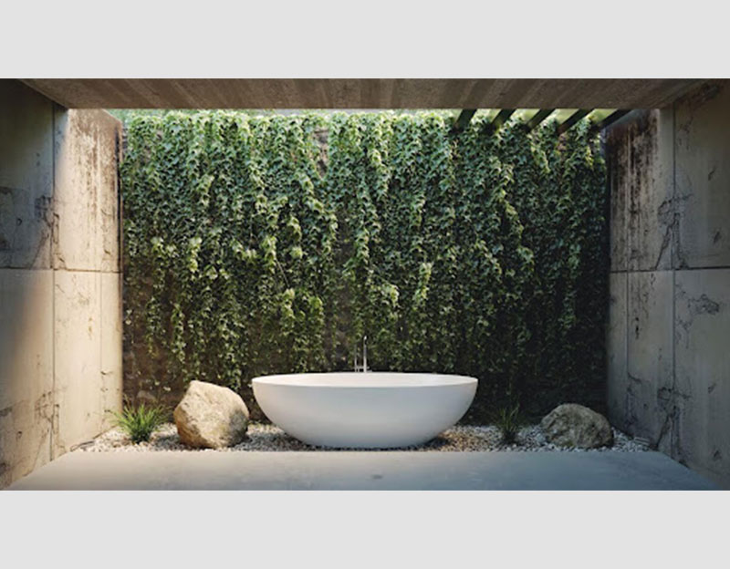 Mẫu 22: Mẫu phòng tắm đẹp cho biệt thự phong cách hiện đại với tiểu cảnh cây xanh và sỏi đá đưa con người tới gần hơn với thiên nhiên, tạo sự thoáng mát, trong lành và đầy thư thái mỗi khi được ngâm mình tắm mát