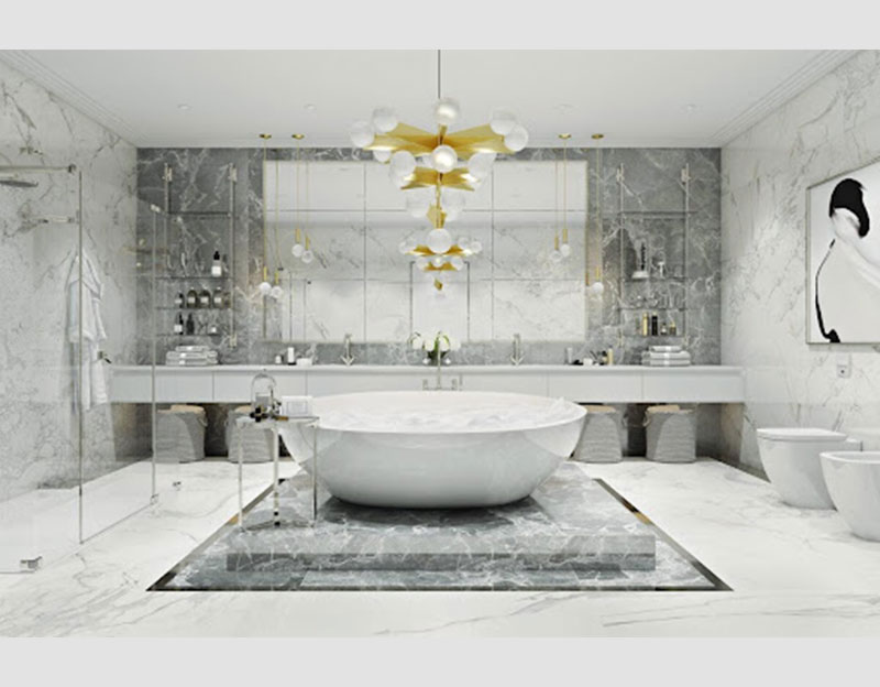 Mẫu 14: Thiết kế phòng tắm với tone màu trắng sáng, sử dụng đá, kính – những chất liệu cao cấp, hiện đại tôn vinh đẳng cấp, gu thẩm mỹ cho chủ nhân căn biệt thự.