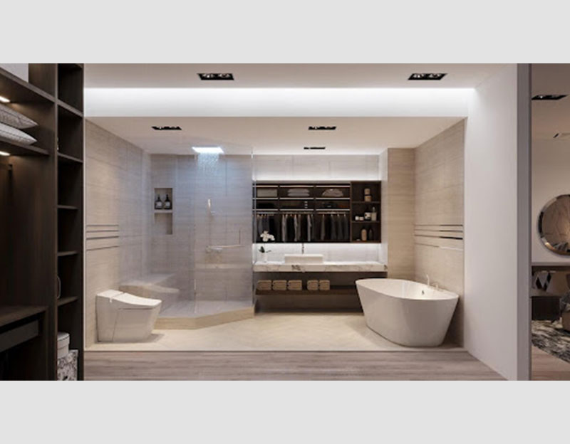 Mẫu 11: Phòng tắm thiết kế liên thông với phòng thay đồ - Một xu hướng thiết kế phòng tắm mới rất được ưa chuộng trong thiết kế biệt thự hiện đại ngày nay.