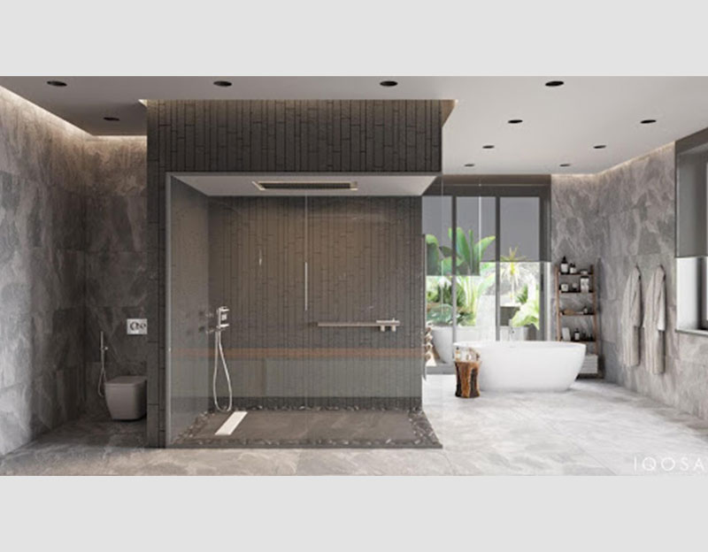Mẫu 9: Khu vực tắm, xí, rửa thiết kế chung trong một không gian nhưng vô cùng sạch sẽ, sáng đẹp. Đây là một trong những mẫu phòng tắm đẹp cho biệt thự có sự phân chia không gian hợp lý rất đáng để bạn học theo đấy nhé!