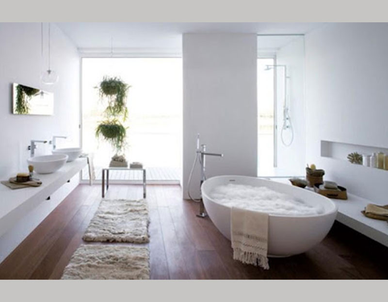 Mẫu 2: Ý tưởng thiết kế phòng tắm với sắc trắng chủ đạo, tạo điểm nhấn nhá với những chậu cây cảnh xanh mát rất phù hợp với những biệt thự thiết kế theo phong cách hiện đại hoặc đương đại