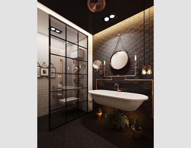 Mẫu 7: Mẫu phòng tắm hiện đại với vách kính chắn và trang trí tạo điểm nhấn bằng hệ thống đường ống nước độc lạ và bắt mắt.