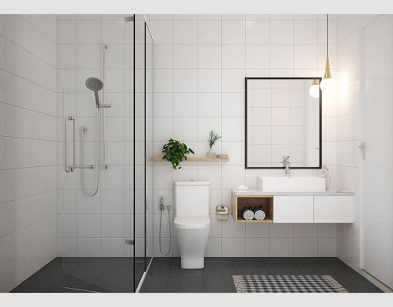 Mẫu 6: Phòng tắm thiết kế chung với nhà vệ sinh đơn giản, thanh lịch, tối ưu diện tích và công năng sử dụng.