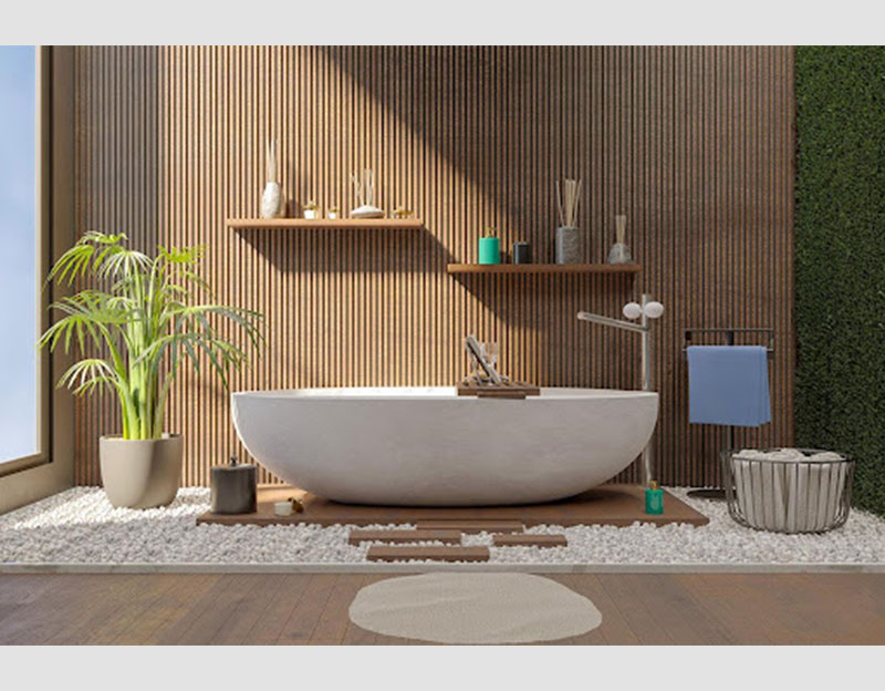 Mẫu 5: Phòng tắm lát sàn gỗ và trang trí bằng vách tường gỗ và kệ gắn tường cũng làm bằng gỗ đem đến sự sang trọng, gọn gàng và trang nhã