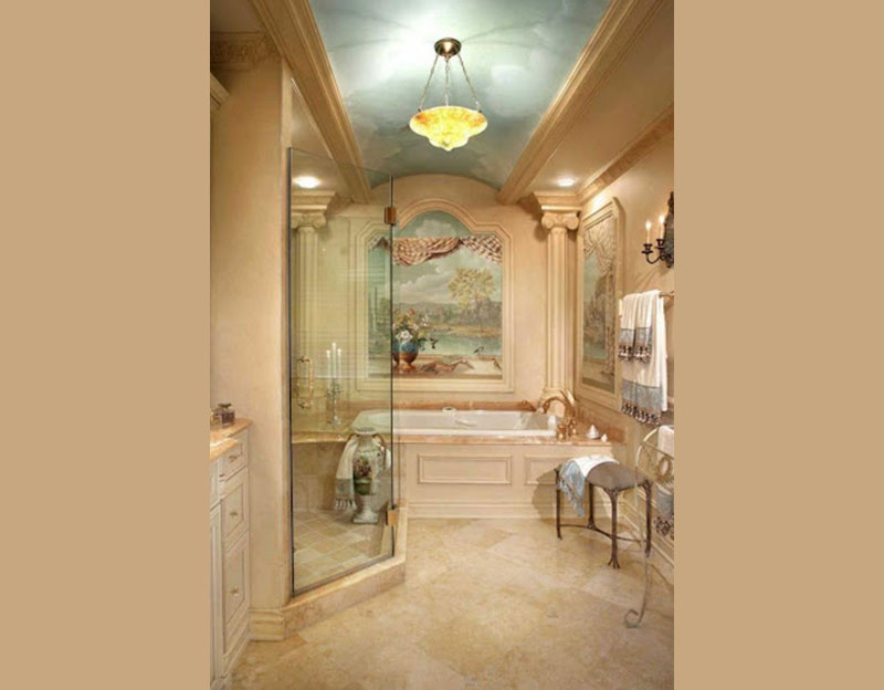 Mẫu 6: Phòng tắm được trang trí ánh sáng vàng, gạch và tường nâu giúp căn phòng trở nên ấm áp, thư thái mỗi khi bước vào