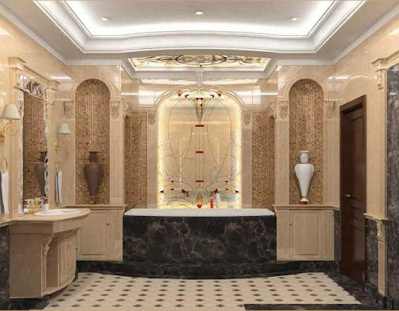 Mẫu 5: Một mẫu phòng tắm đẹp cho biệt thự tân cổ điển với màu nâu nhạt làm chủ đạo, ấm áp và sang trọng
