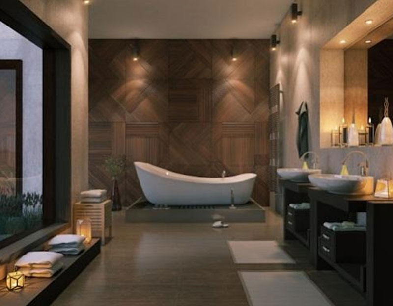 Mẫu 25: Phòng tắm ấm áp với sắc vàng của ánh điện và màu nâu gỗ đem lại cho người dùng sự bình yên, thư thái