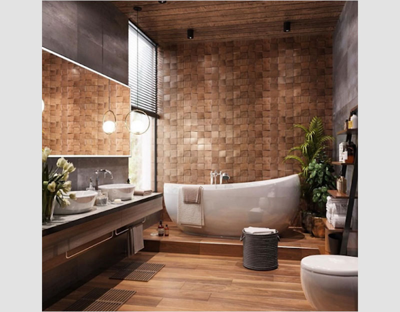 Đôi khi chỉ cần thiết kế vách tường bằng gỗ, lát đá,… cũng đủ để làm nên sự độc đáo và khác biệt, đẳng cấp cho không gian tắm