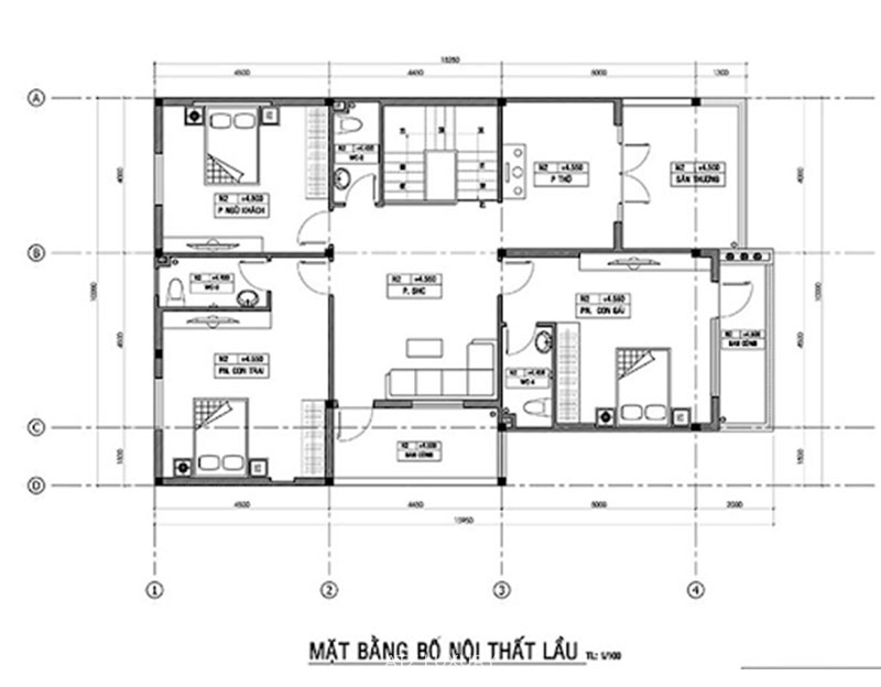 Bản vẽ tầng 2 mẫu biệt thự mái lệch (thiết kế lệch tầng)