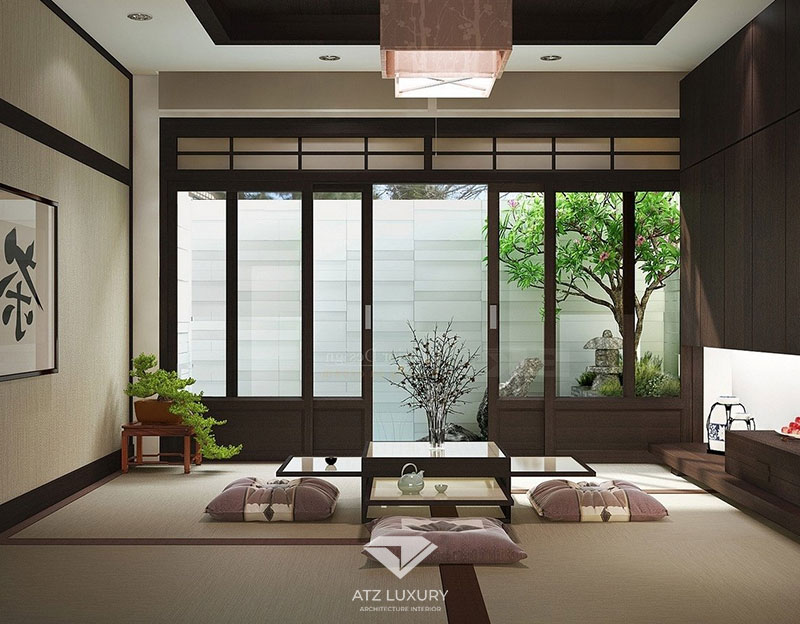 Mẫu 1: Mẫu thiết kế phòng khách biệt thự kiểu Nhật với ban công và cửa lùa