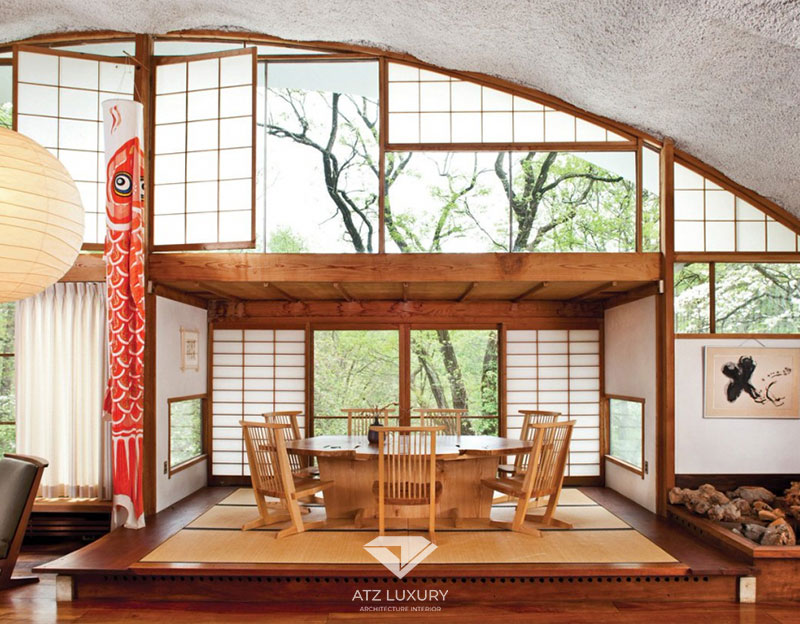Thiết kế nội thất phòng khách biệt thự phong cách Nhật ưu tiên sử dụng đồ nội thất và đồ decor làm bằng gỗ, tre, nứa để tạo sự bình dị, mộc mạc cho không gian