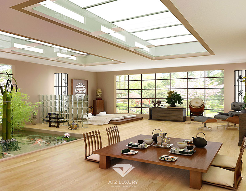 Mẫu 5: Mẫu thiết kế nội thất phòng khách biệt thự phong cách Nhật hiện đại và sang trọng có giếng trời
