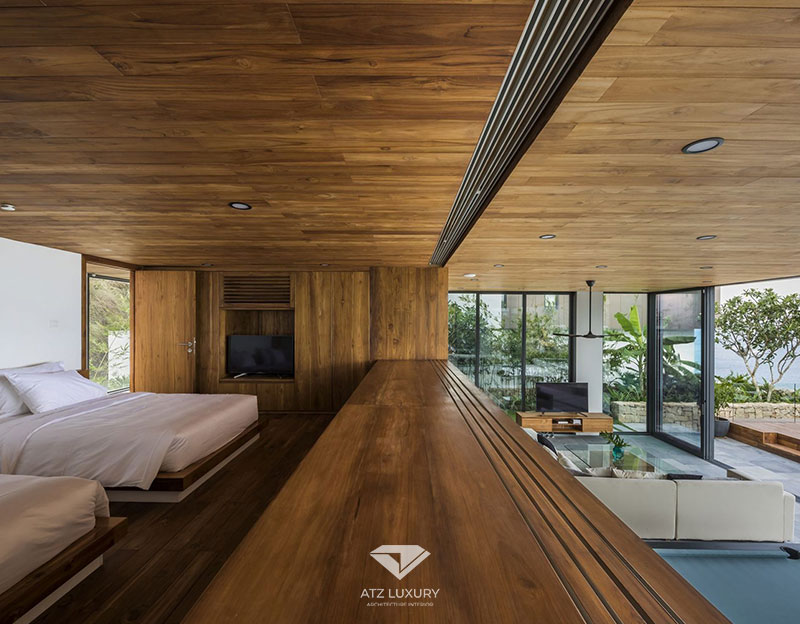 Khu vực phòng ngủ được thiết kế hoàn toàn bằng gỗ trong căn biệt thự nghỉ dưỡng sang trọng