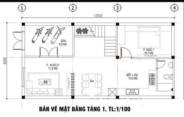 Mặt bằng tầng 1 nhà 2 tầng 1 tum đẹp hiện đại.