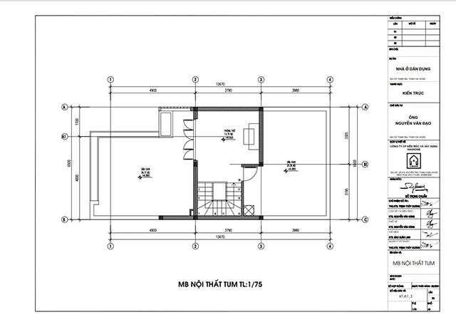 Mặt bằng tum nhà 2 tầng 1 tum 6x12m 4 phòng ngủ.