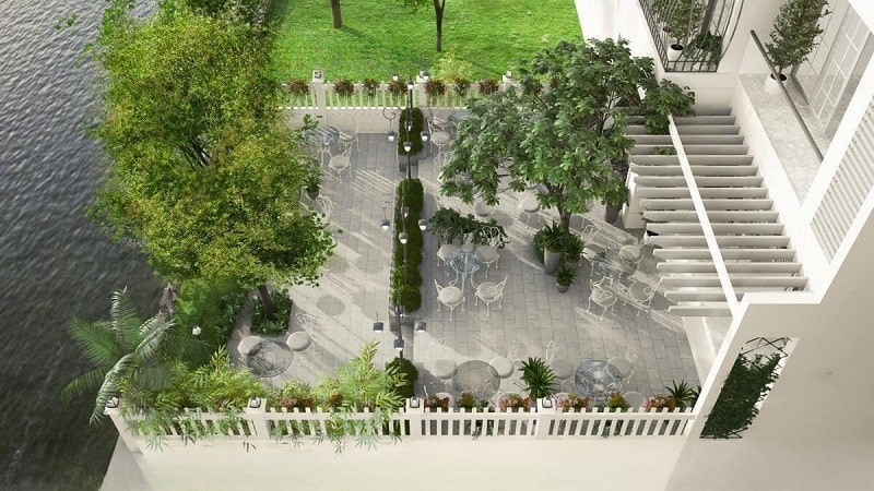 Thiết kế quán cafe ven sông tông màu trắng phong cách Pháp cổ