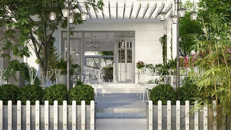 Thiết kế quán cafe ven sông tông màu trắng phong cách Pháp cổ