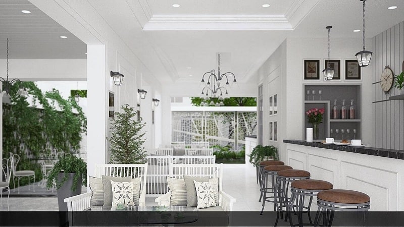 Thiết kế quán cafe ven sông tông màu trắng phong cách Pháp cổ